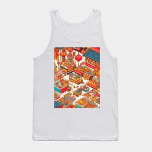 A bustling market scene filled with stalls offering traditional Chinese New Year goodies, decorations, and symbolic items. Capture the excitement and prosperity of the holiday. Tank Top